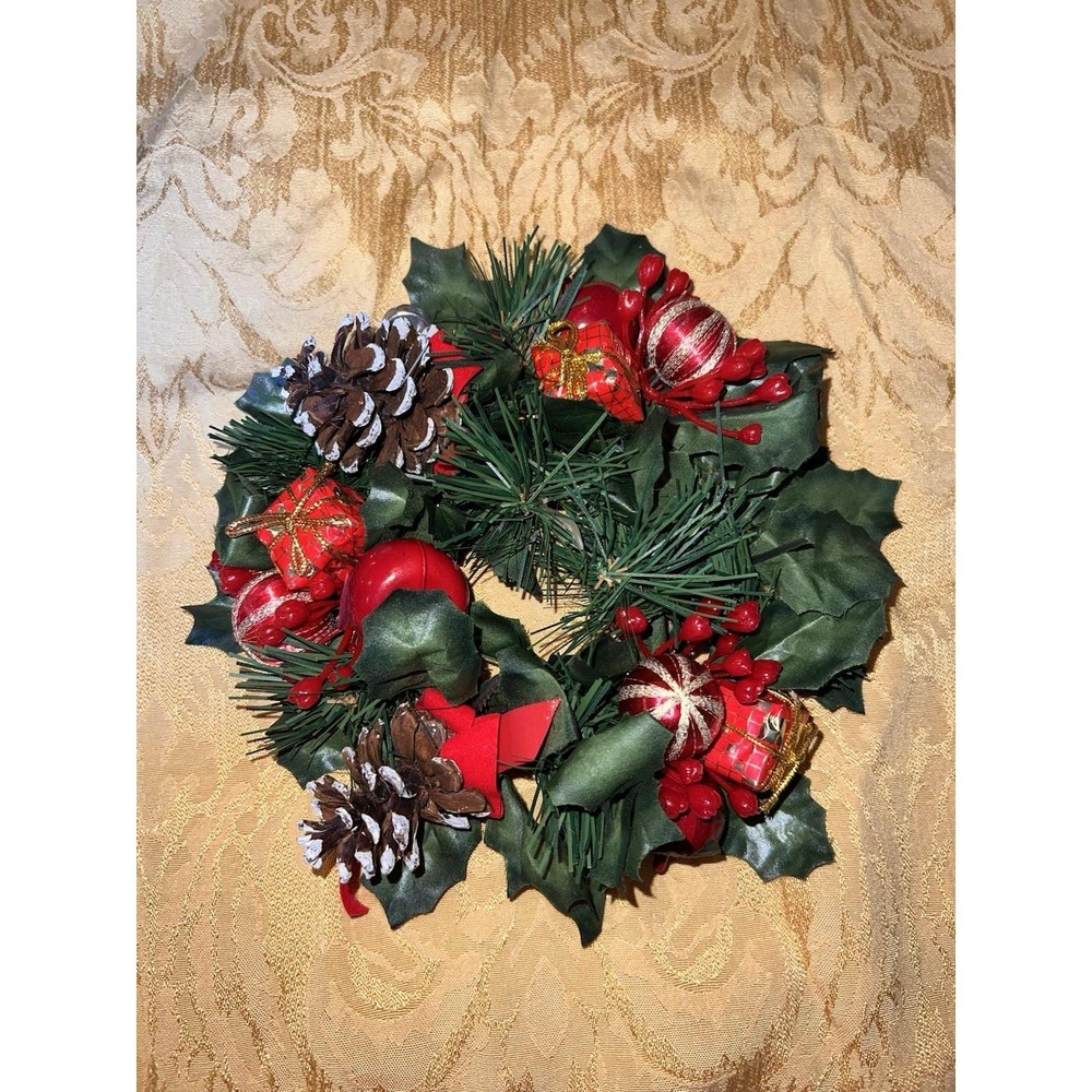 Vintage 1980s Christmas Holly Candle Ring Wreath 10" Faux Pinecone Red Berries